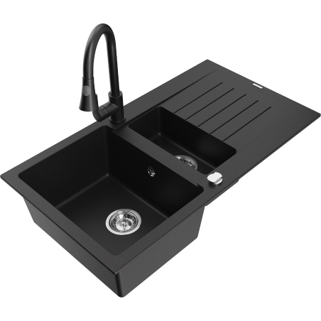 Mexen Matias granite sink 1.5-bowl with drainer and Elia kitchen faucet, black - 6502-77-670101-70