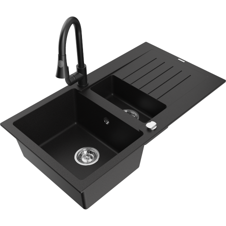 Mexen Matias granite sink 1.5-bowl with drainer and Elia kitchen tap, black - 6502-77-670101-70