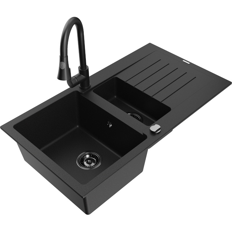 Mexen Matias 1.5-bowl granite sink with drainer and Elia kitchen faucet, black - 6502-77-670101-70-B
