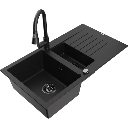 Mexen Matias granite sink 1.5-bowl with drainer and Elia kitchen faucet, black - 6502-77-670101-70-B