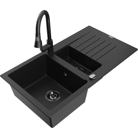 Mexen Matias granite sink 1.5-bowl with drainer and Elia kitchen tap, black - 6502-77-670101-70-B