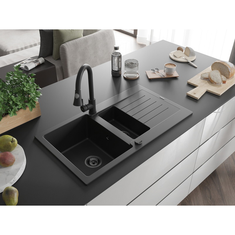 Mexen Matias granite sink 1.5-bowl with drainer and Elia kitchen faucet, black - 6502-77-670101-70-B