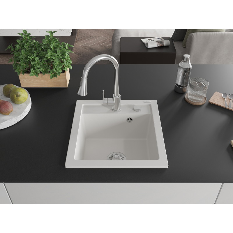 Mexen Vito granite kitchen sink 1-bowl with Elia kitchen faucet, white - 6503-20-670101-00