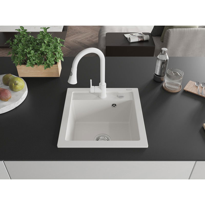 Mexen Vito 1-Bowl Granite Sink with Elia Kitchen Tap, White - 6503-20-670101-20