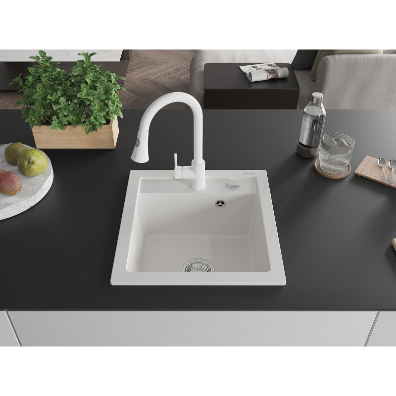 Mexen Vito 1-chamber granite sink with Elia kitchen faucet, white - 6503-20-670101-20