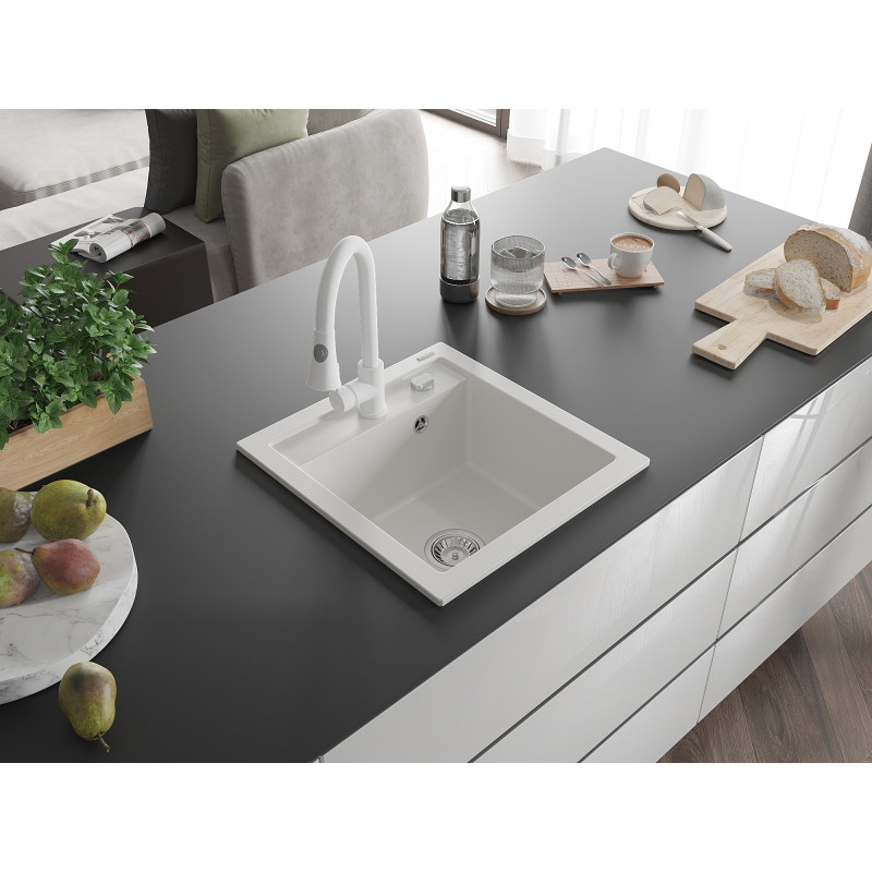 Mexen Vito granite kitchen sink 1-bowl with Elia kitchen faucet, white - 6503-20-670101-20