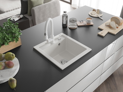 Mexen Vito 1-compartment granite sink with a kitchen mixer tap Elia, White - 6503-20-670101-20