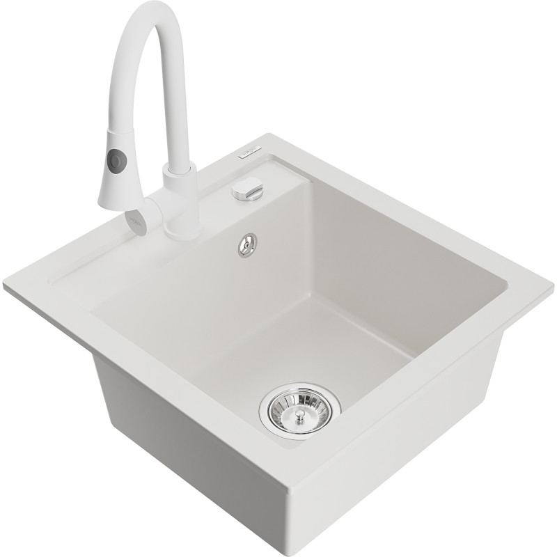 Mexen Vito granite kitchen sink 1-bowl with Elia kitchen faucet, white - 6503-20-670101-20