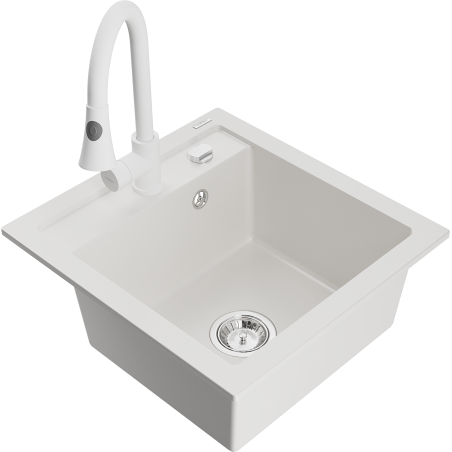 Mexen Vito granite kitchen sink 1-bowl with Elia kitchen faucet, white - 6503-20-670101-20