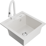 Mexen Vito granite kitchen sink 1-bowl with Elia kitchen faucet, white - 6503-20-670101-20