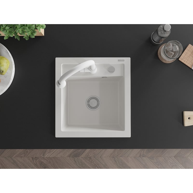 Mexen Vito 1-chamber granite sink with Elia kitchen faucet, white - 6503-20-670101-20