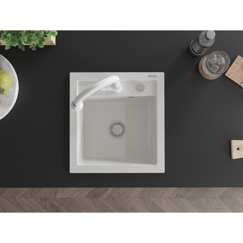 Mexen Vito granite kitchen sink 1-bowl with Elia kitchen faucet, white - 6503-20-670101-20