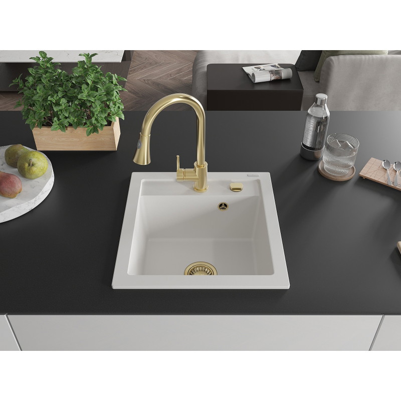 Mexen Vito granite kitchen sink 1-bowl with Elia kitchen faucet, white - 6503-20-670101-50