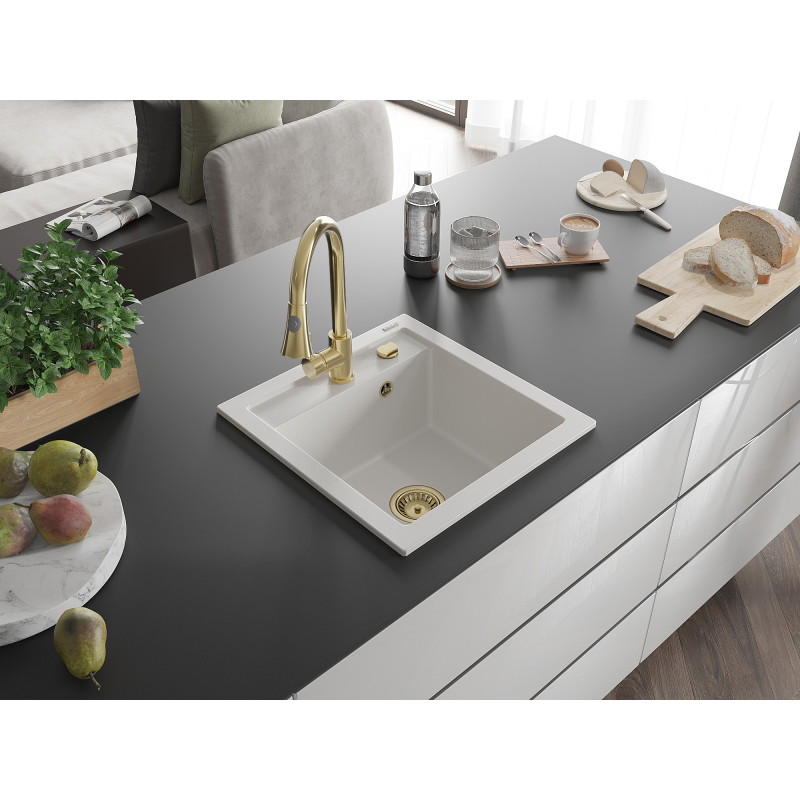 Mexen Vito granite kitchen sink 1-bowl with Elia kitchen faucet, white - 6503-20-670101-50
