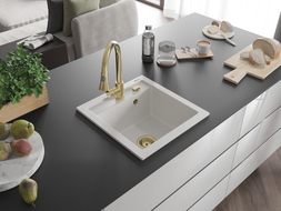 Mexen Vito 1-bowl granite sink with kitchen faucet Elia, white - 6503-20-670101-50