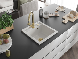 Mexen Vito 1-compartment granite sink with a kitchen mixer tap Elia, White - 6503-20-670101-50