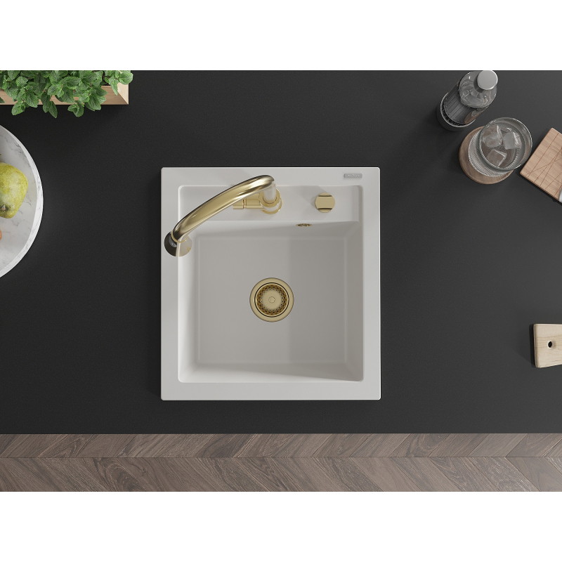 Mexen Vito granite kitchen sink 1-bowl with Elia kitchen faucet, white - 6503-20-670101-50