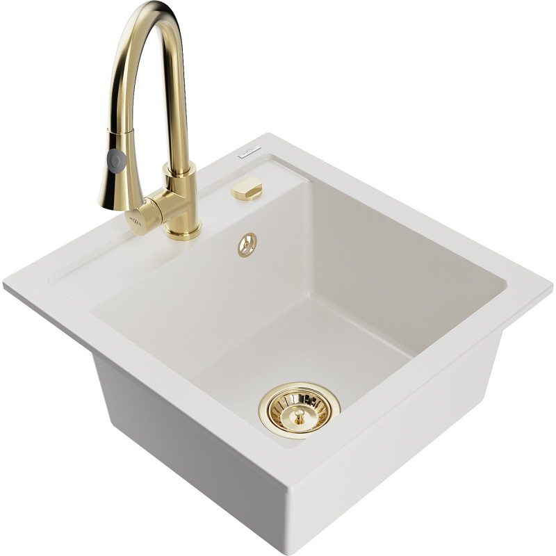 Mexen Vito 1-bowl granite sink with kitchen faucet Elia, white - 6503-20-670101-50
