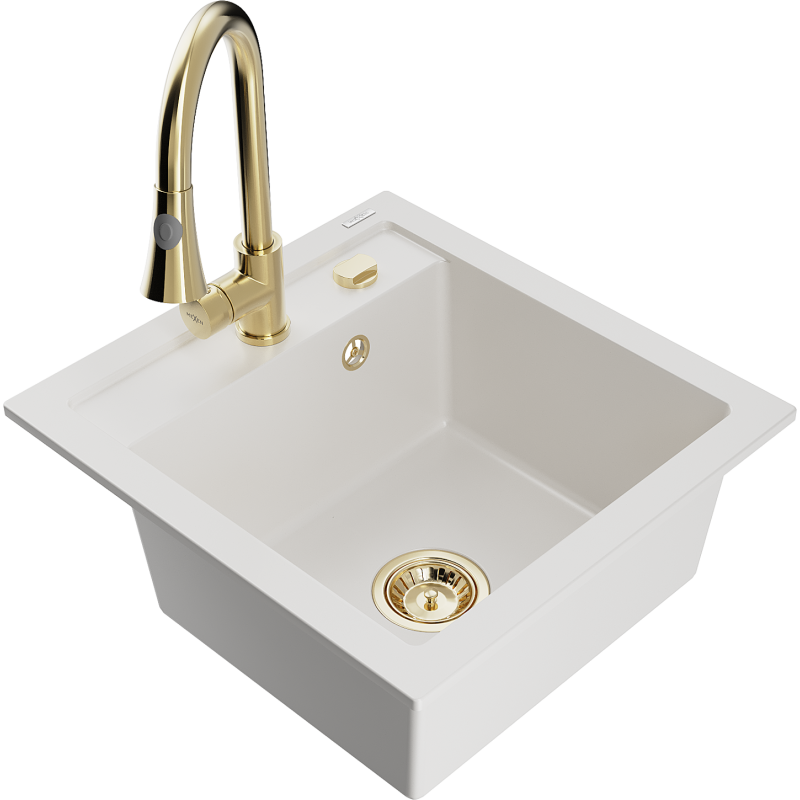 Mexen Vito 1-compartment granite sink with a kitchen mixer tap Elia, White - 6503-20-670101-50