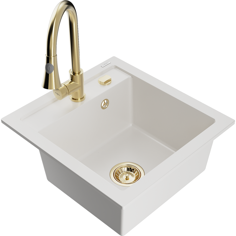 Mexen Vito single-bowl granite sink with Elia kitchen tap, white - 6503-20-670101-50