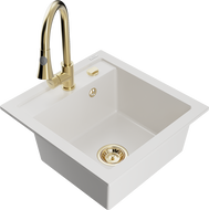Mexen Vito granite kitchen sink 1-bowl with Elia kitchen faucet, white - 6503-20-670101-50