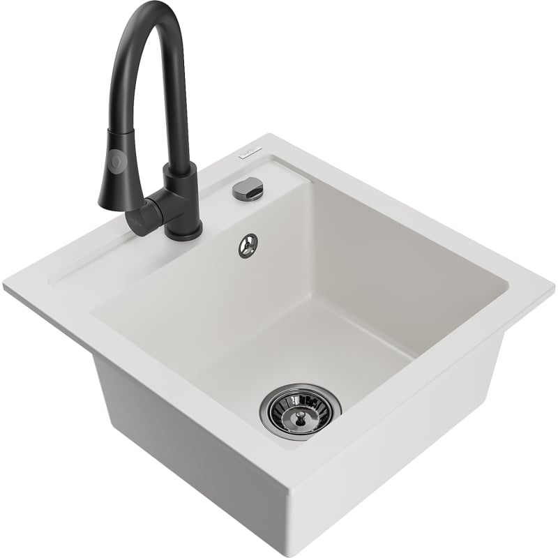 Mexen Vito 1-bowl Granite Sink with Elia Kitchen Faucet, White - 6503-20-670101-70