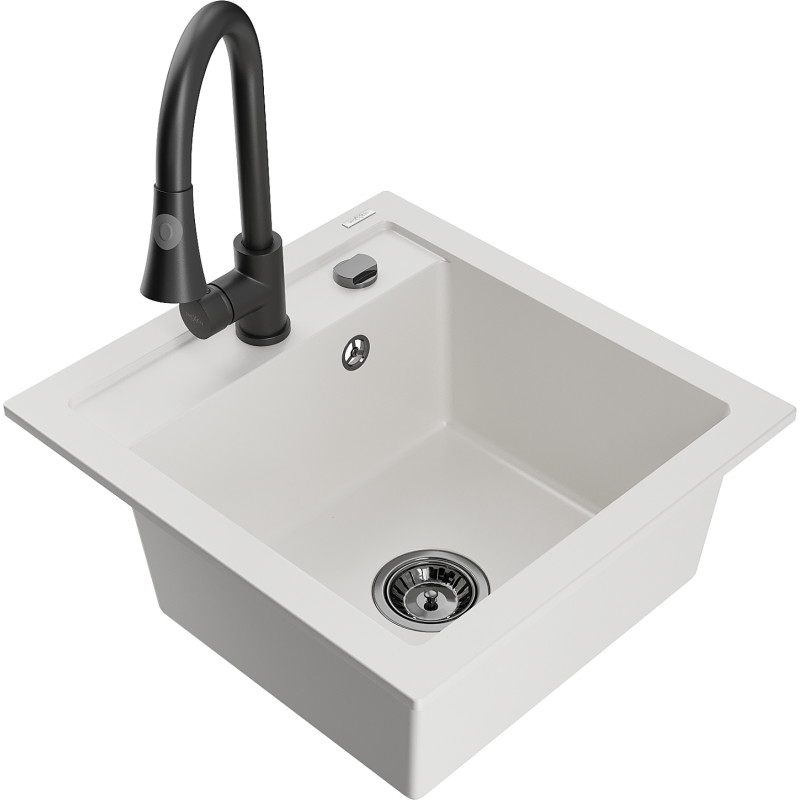 Mexen Vito granite sink 1-bowl with Elia kitchen faucet, white - 6503-20-670101-70