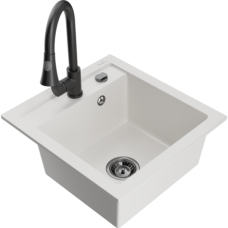 Mexen Vito granite sink 1-bowl with Elia kitchen tap, white - 6503-20-670101-70
