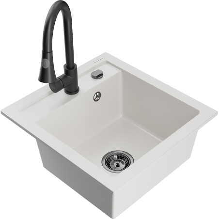 Mexen Vito 1-compartment granite sink with a kitchen mixer tap Elia, White - 6503-20-670101-70