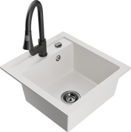 Mexen Vito granite sink 1-bowl with Elia kitchen faucet, white - 6503-20-670101-70