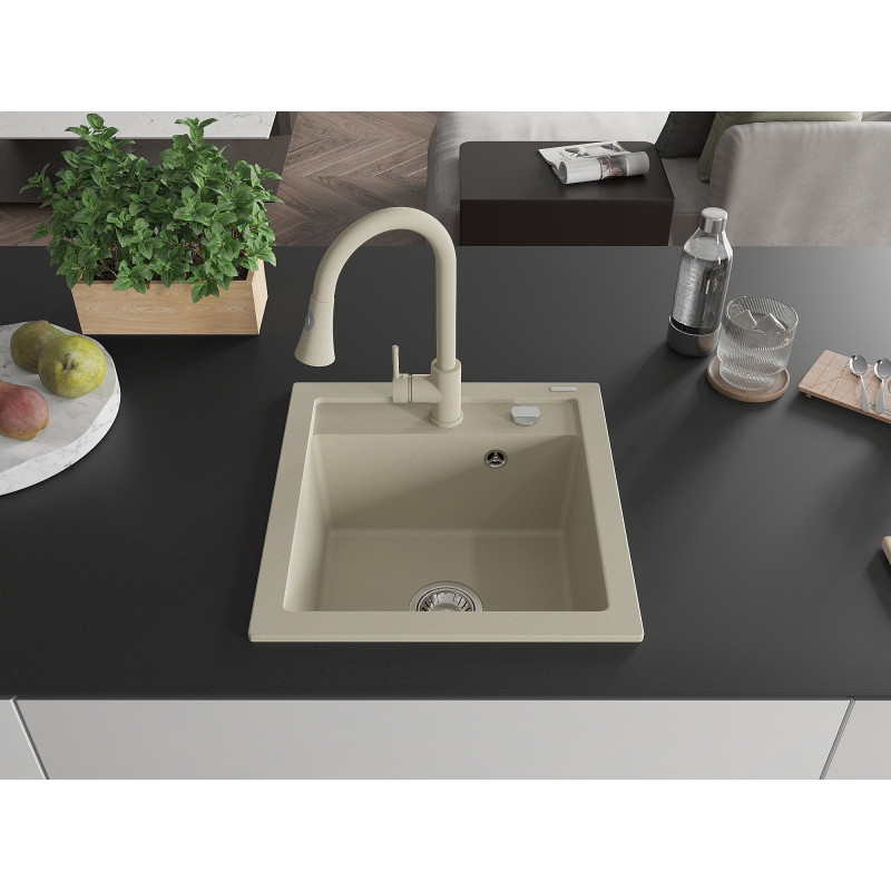 Mexen Vito 1-bowl granite sink with Elia kitchen faucet, beige - 6503-69-670101-69