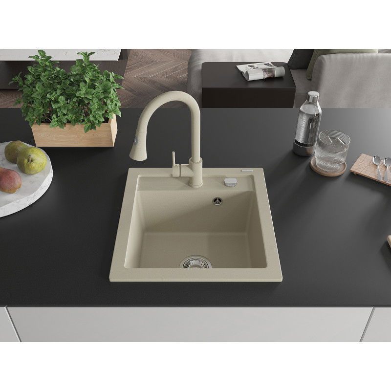 Mexen Vito Granite Sink 1-Bowl with Elia Kitchen Tap, Beige - 6503-69-670101-69