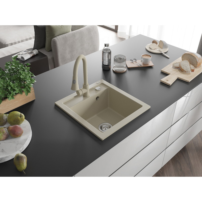 Mexen Vito 1-bowl granite sink with Elia kitchen faucet, beige - 6503-69-670101-69