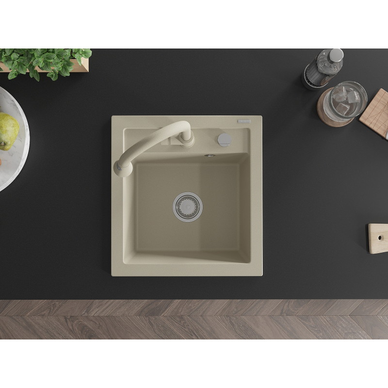 Mexen Vito 1-bowl granite sink with Elia kitchen faucet, beige - 6503-69-670101-69