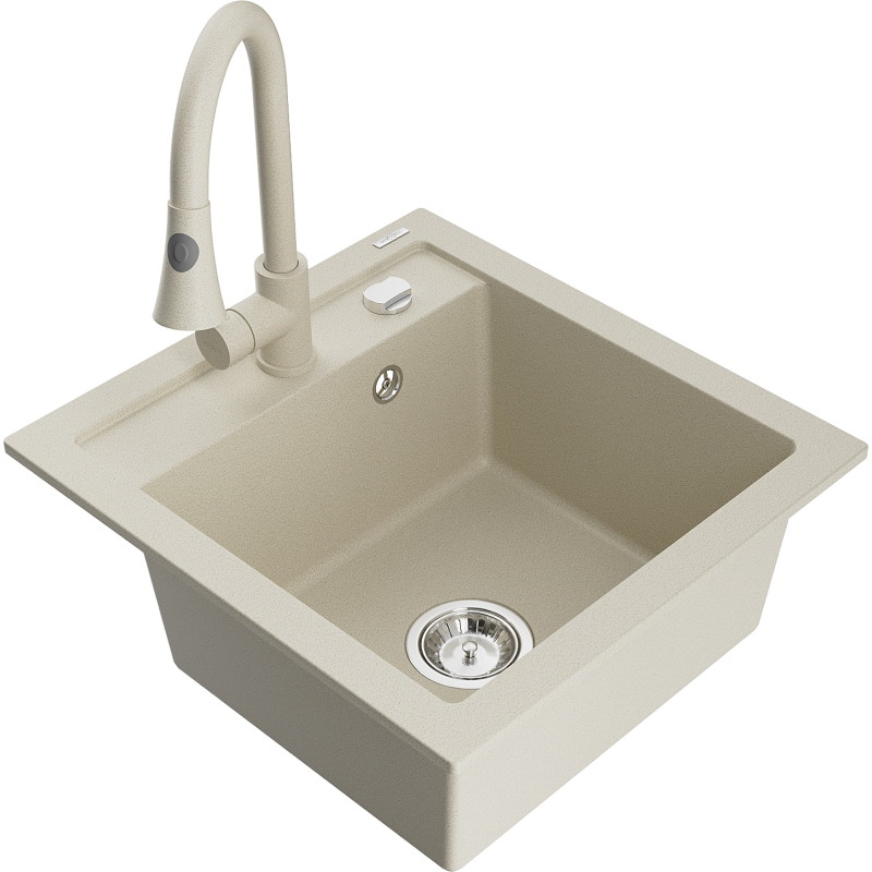 Mexen Vito 1-bowl granite sink with Elia kitchen faucet, beige - 6503-69-670101-69