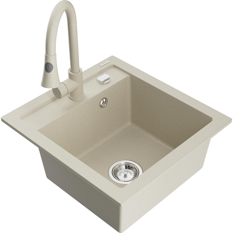 Mexen Vito Granite Sink 1-Bowl with Elia Kitchen Tap, Beige - 6503-69-670101-69