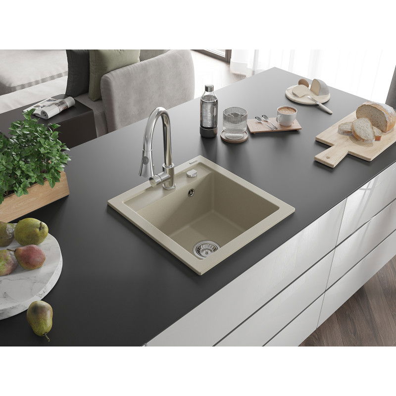 Mexen Vito granite kitchen sink 1-bowl with Elia kitchen tap, beige - 6503-69-670101-00