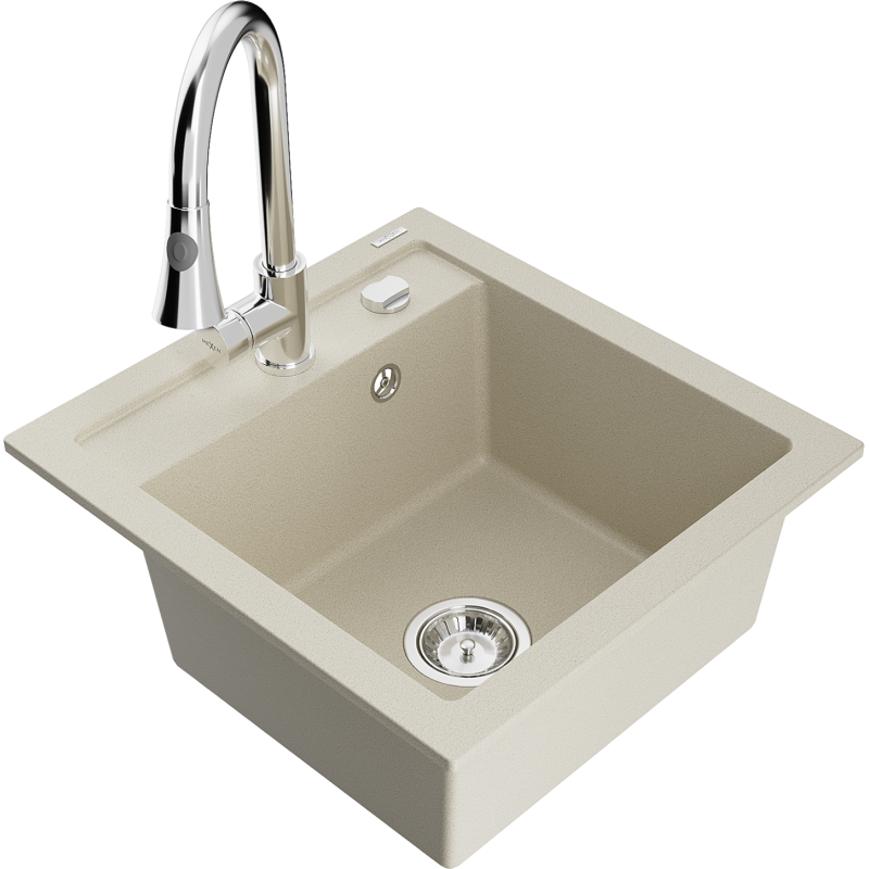 Mexen Vito 1-compartment granite sink with a kitchen mixer tap Elia, Beige - 6503-69-670101-00