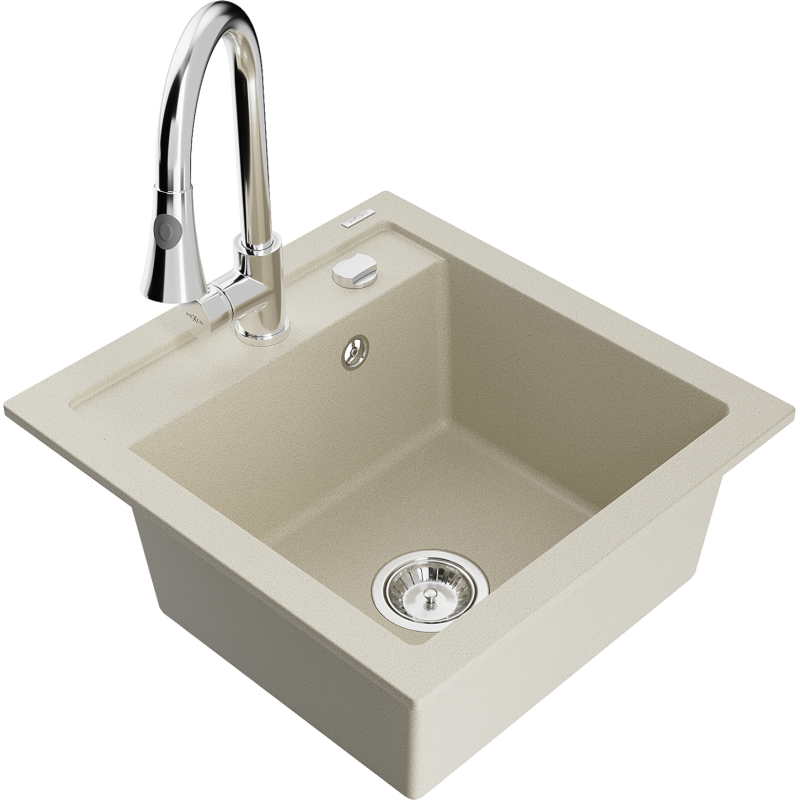 Mexen Vito granite kitchen sink 1-bowl with Elia kitchen tap, beige - 6503-69-670101-00