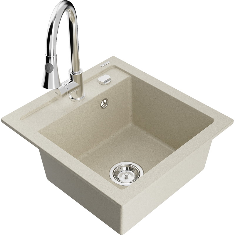 Mexen Vito single-bowl granite sink with Elia kitchen faucet, beige - 6503-69-670101-00