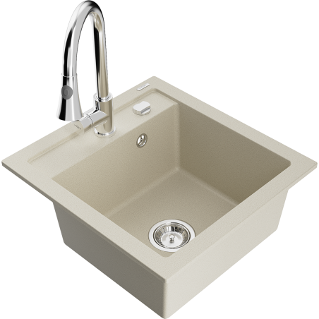 Mexen Vito granite kitchen sink 1-bowl with Elia kitchen tap, beige - 6503-69-670101-00