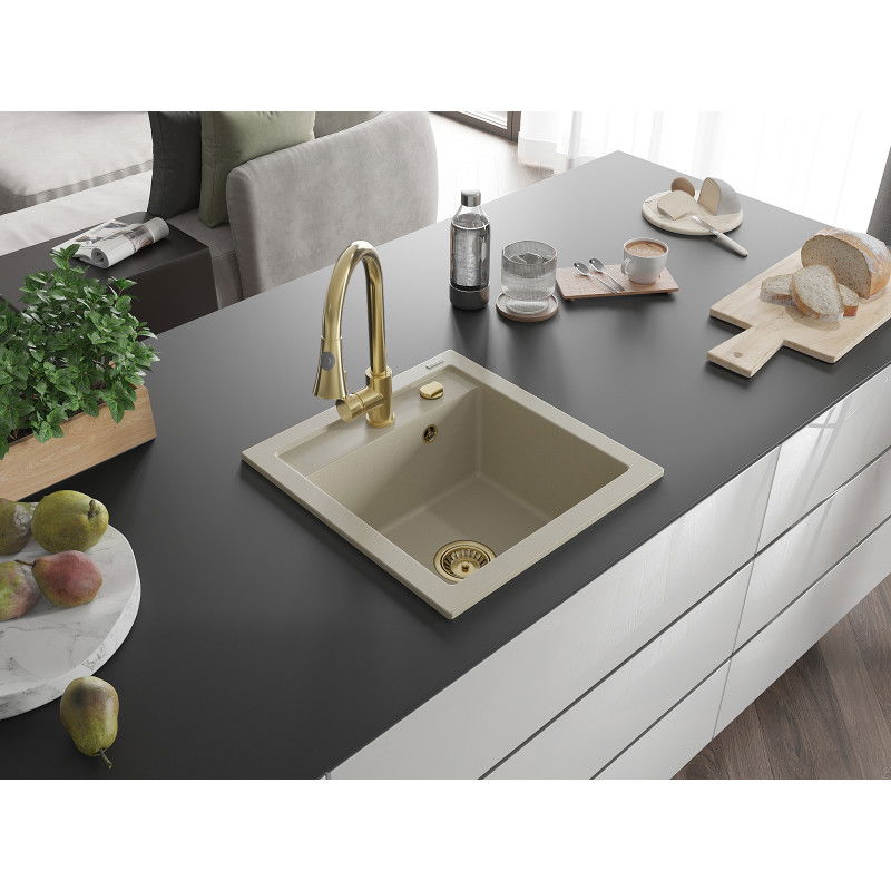 Mexen Vito 1-bowl granite sink with Elia kitchen tap, beige - 6503-69-670101-50