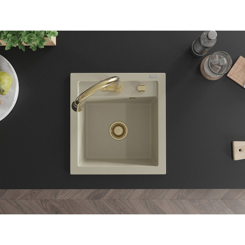 Mexen Vito 1-bowl granite sink with Elia kitchen tap, beige - 6503-69-670101-50