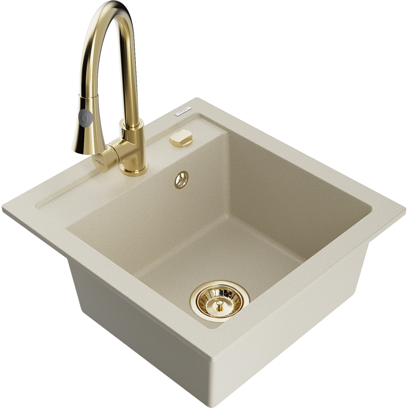 Mexen Vito 1-bowl granite sink with Elia kitchen tap, beige - 6503-69-670101-50