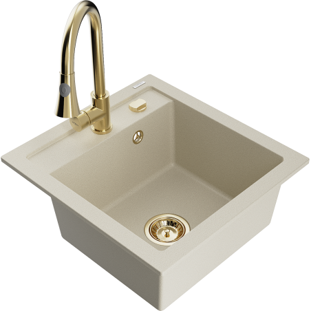 Mexen Vito 1-bowl granite sink with Elia kitchen tap, beige - 6503-69-670101-50