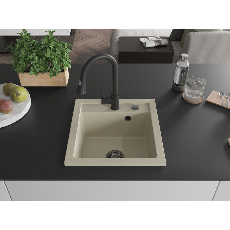 Mexen Vito 1-bowl granite sink with Elia kitchen tap, beige - 6503-69-670101-70