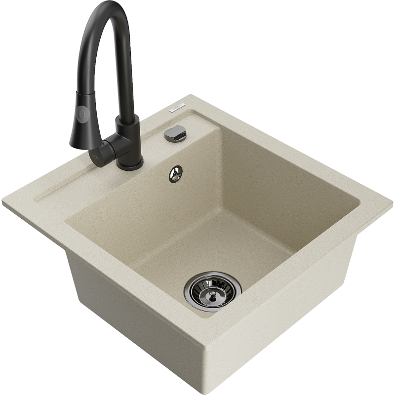 Mexen Vito 1-bowl granite sink with Elia kitchen tap, beige - 6503-69-670101-70
