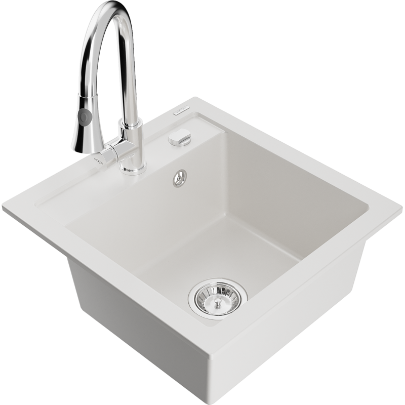 Mexen Vito 1-bowl granite kitchen sink with Elia kitchen tap, white - 6503-20-670101-00