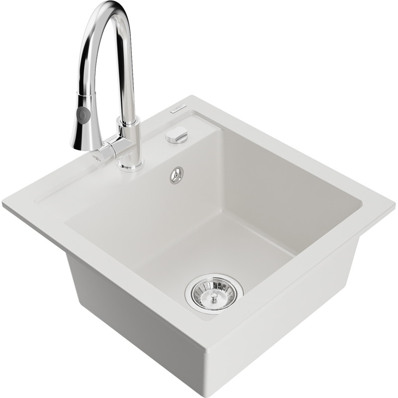 Mexen Vito 1-bowl granite sink with Elia kitchen faucet, white - 6503-20-670101-00