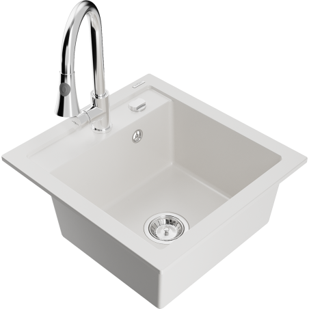 Mexen Vito 1-bowl granite kitchen sink with Elia kitchen tap, white - 6503-20-670101-00